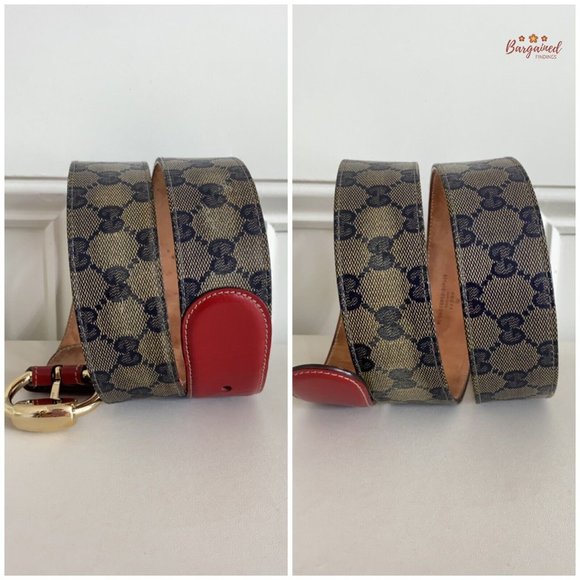 Auth GUCCI Beige/Blue/Red GG Crystal Coated Canvas Horsebit Buckle Belt 85/34 main image 6